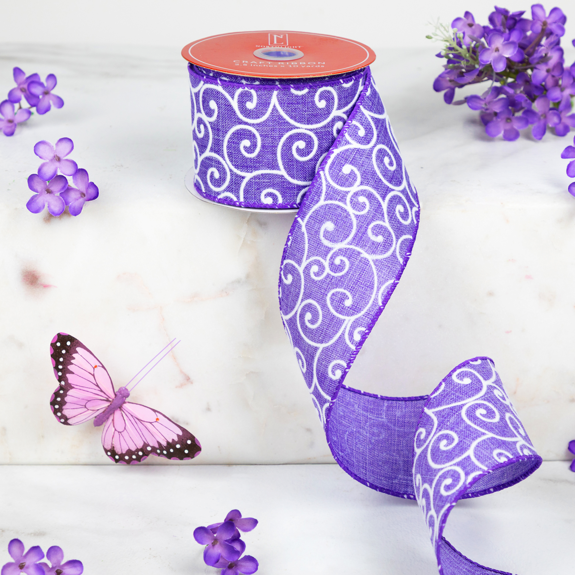 Northlight Swirl Wired Spring Craft Ribbon - 2.5" x 10 Yards - Purple and White
